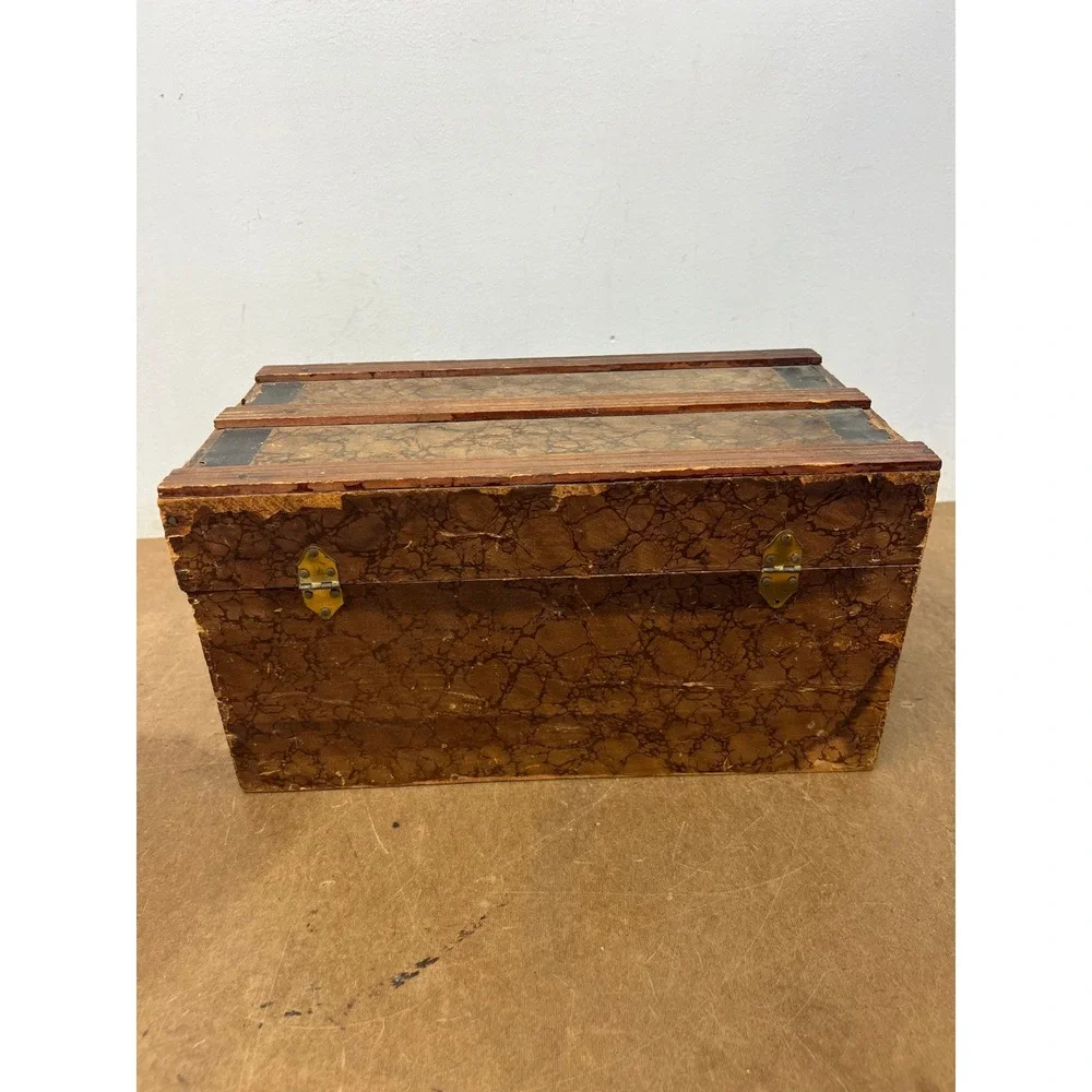 Antique Dollhouse Steamer Trunk w Tray Miniature Wood Slat Chest Vintage Box Old
